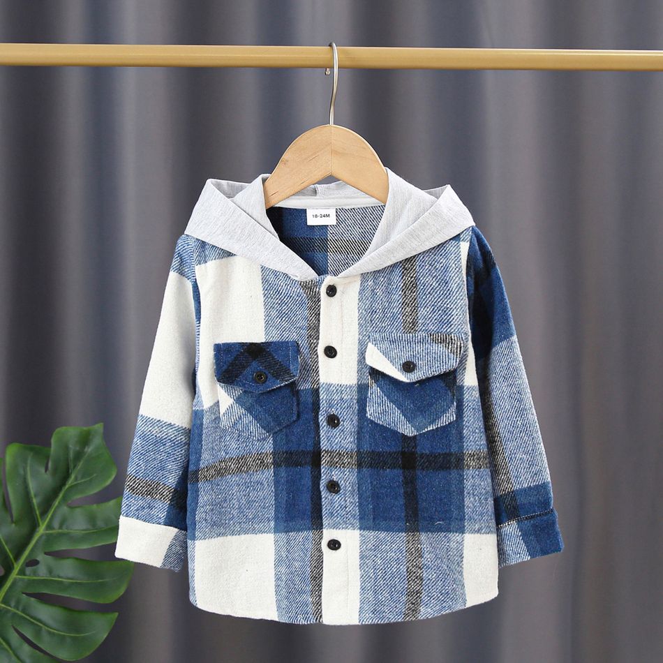 Toddler Girl/Boy 100% Cotton Button Design Plaid Hooded Jacket Blue big image 5