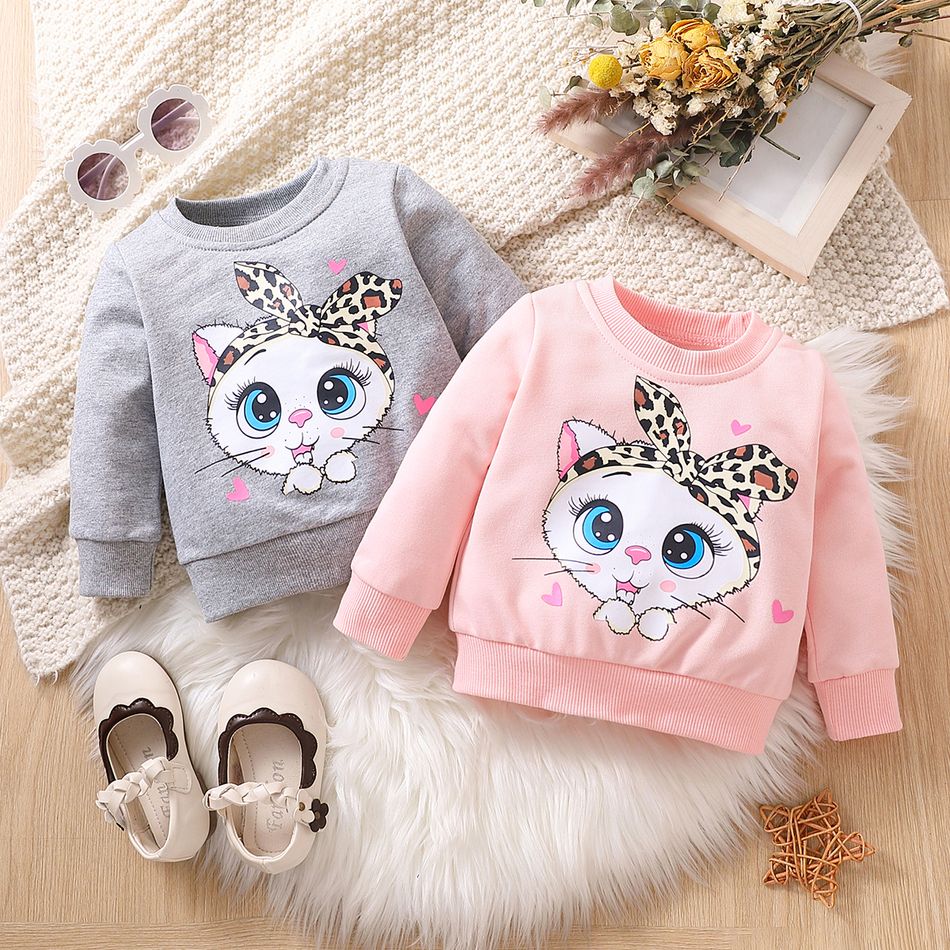 Baby Girl Cat Print Long-sleeve Pullover Sweatshirt Flecked Grey big image 2
