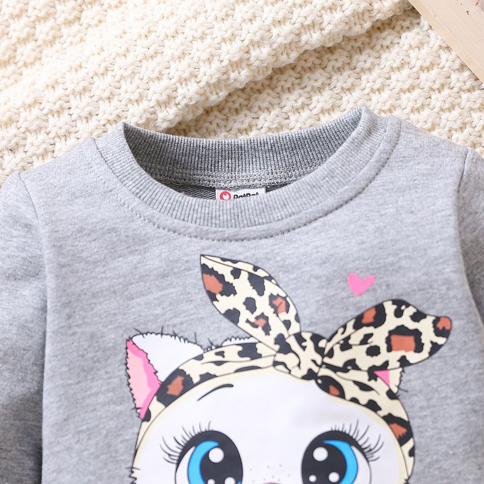 Baby Girl Cat Print Long-sleeve Pullover Sweatshirt Flecked Grey big image 4