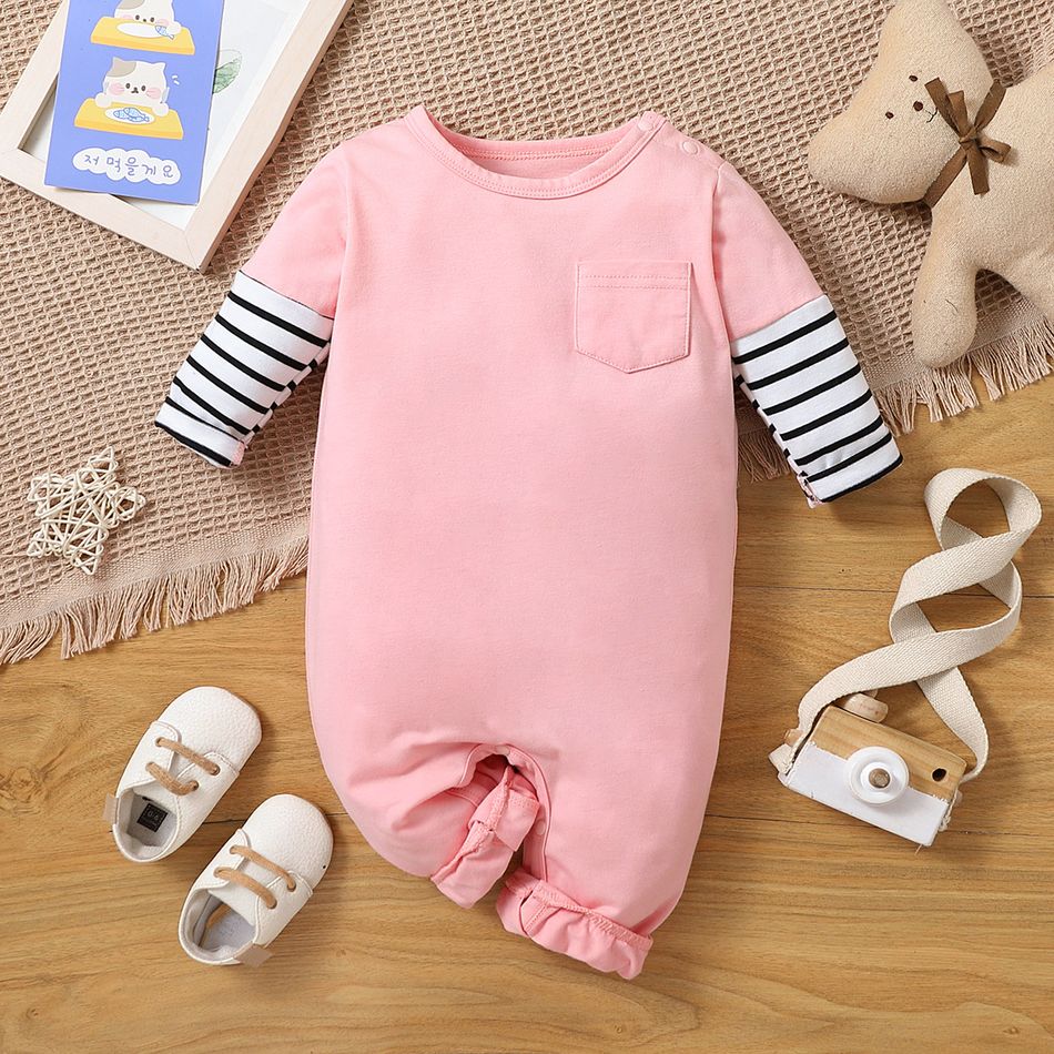 Baby Boy/Girl 95% Cotton Striped Panel Long-sleeve Jumpsuit Pink