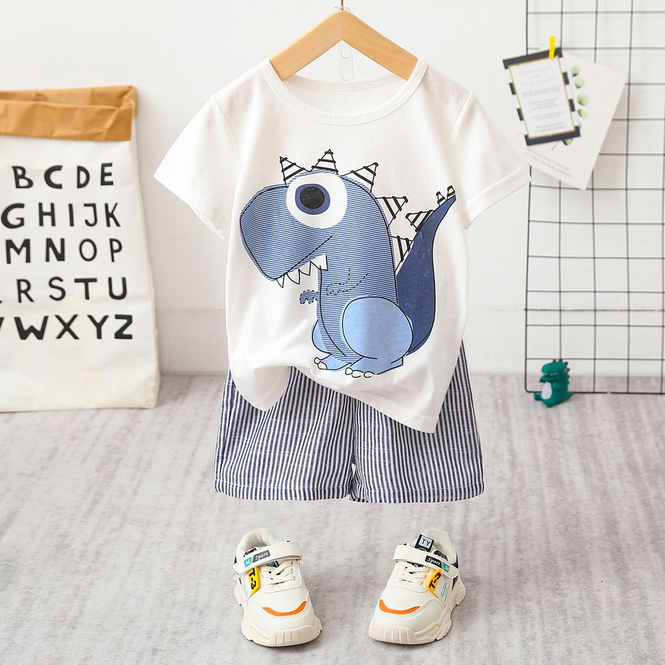 2pcs Baby Boy Cartoon Dinosaur Print Short-sleeve T-shirt and Pinstriped Shorts Set White big image 5
