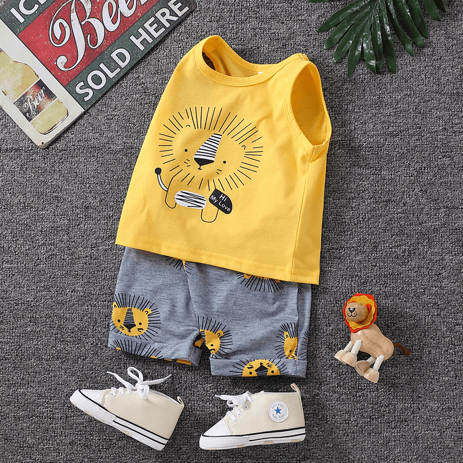 2pcs Toddler Boy Playful Lion Print Tank Top and Shorts Set Yellow