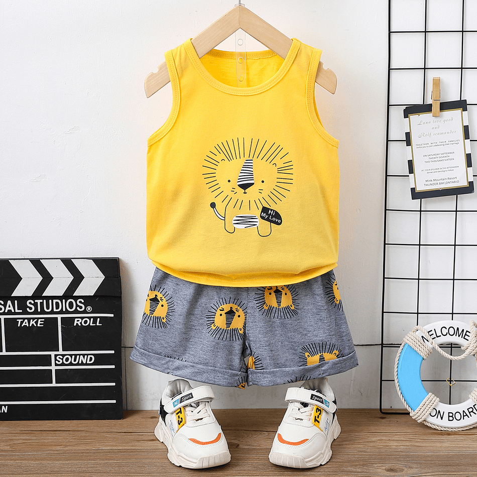 2pcs Toddler Boy Playful Lion Print Tank Top and Shorts Set Yellow big image 2