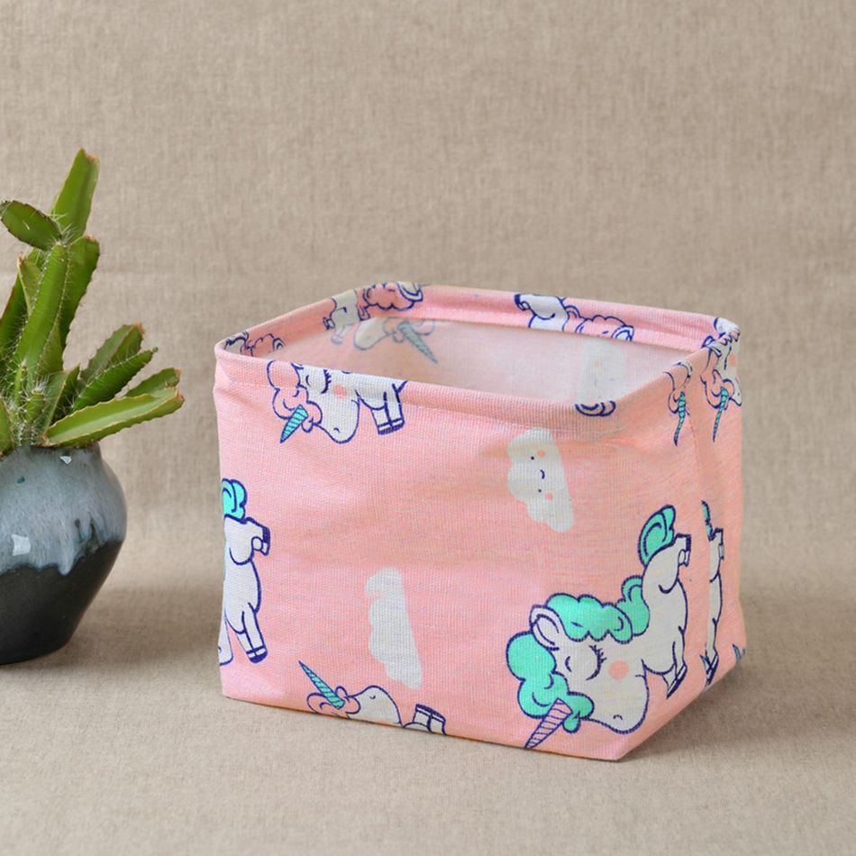 Cartoon Print Foldable Storage Basket with Handle Waterproof Cotton Linen Storage Bins for Books Toys Clothes Pink big image 2