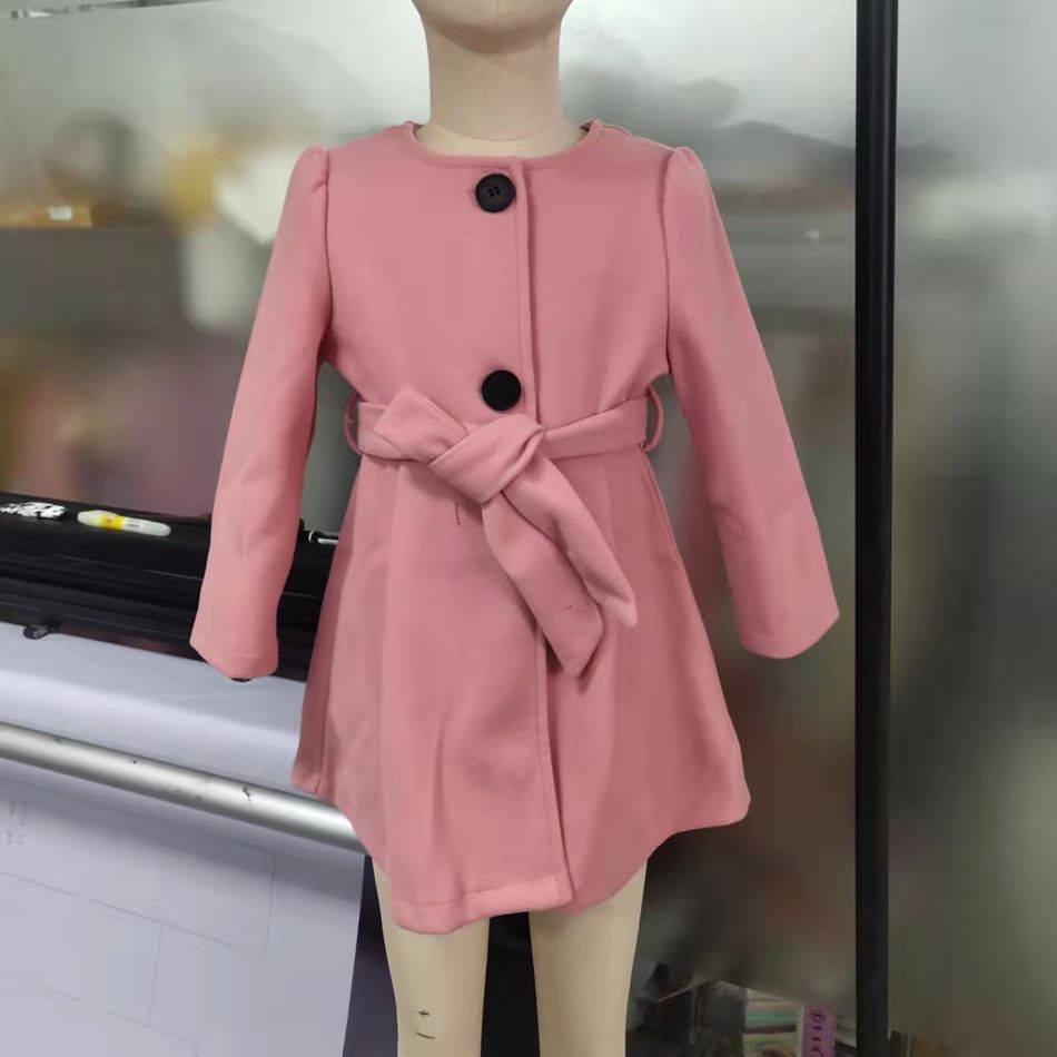 Kid Girl Solid Color Button Design Belted Trench Coat Pink big image 8