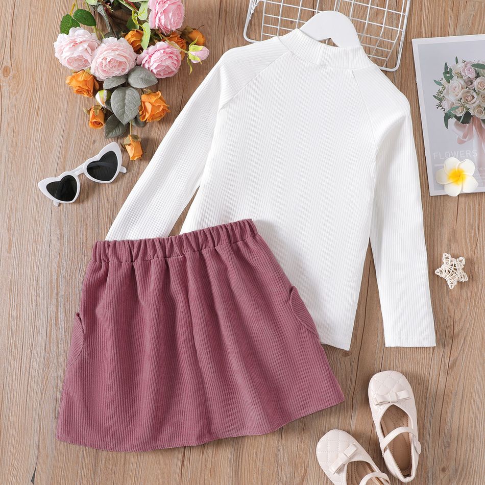 2pcs Kid Girl Button Design Long-sleeve White Ribbed Tee and Pocket Design Pink Skirt Set White big image 3