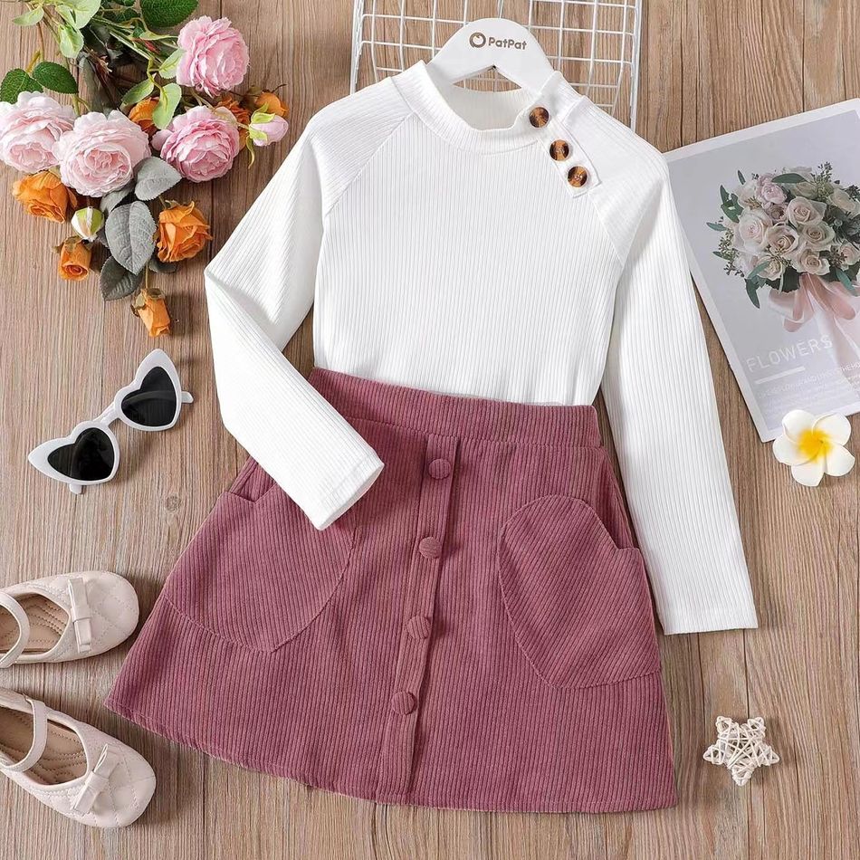 2pcs Kid Girl Button Design Long-sleeve White Ribbed Tee and Pocket Design Pink Skirt Set White big image 6