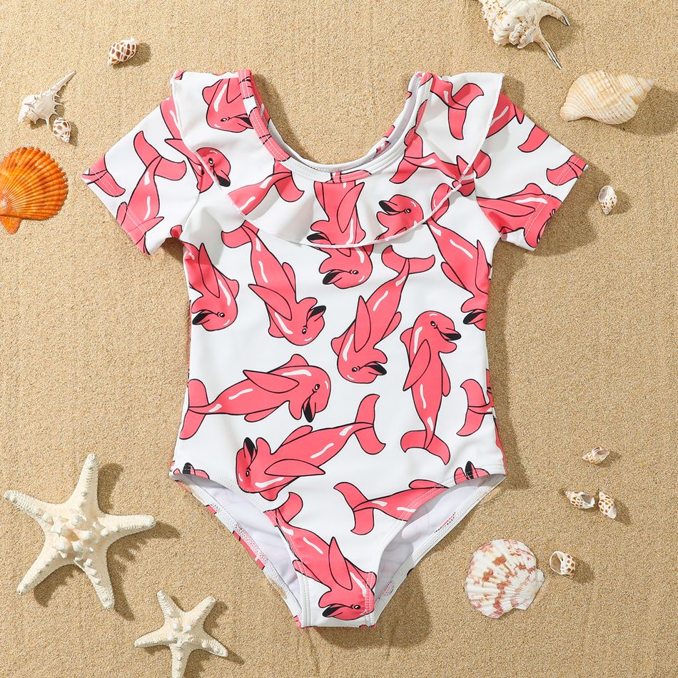 Toddler Girl Dolphin Print Flounce Short-sleeve Onepiece Swimsuit Red