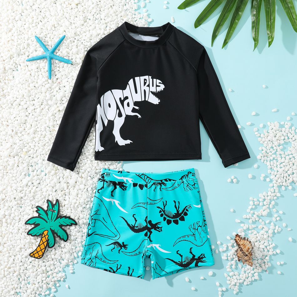 2pcs Toddler Boy Playful Dinosaur Print Tee and Shorts Swimsuit Set Black big image 1