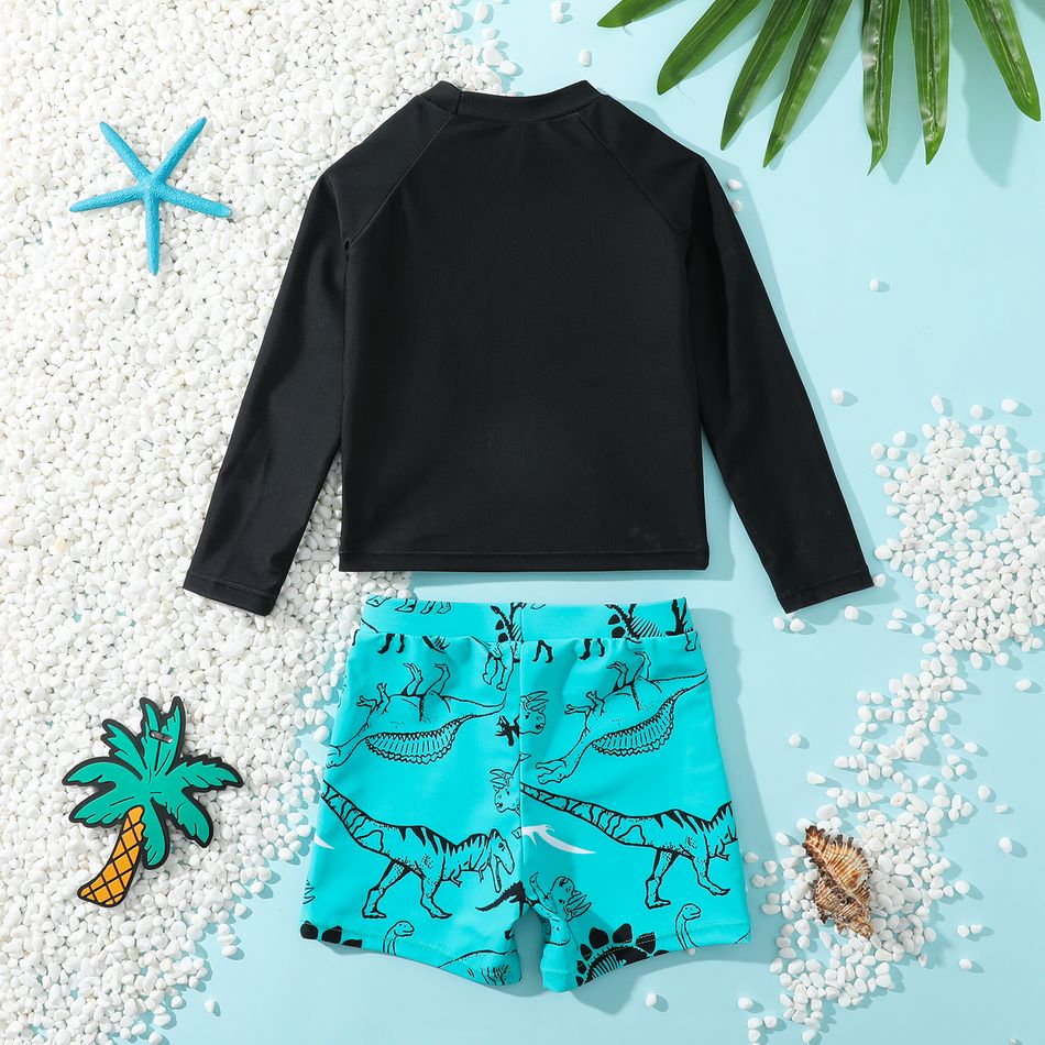 2pcs Toddler Boy Playful Dinosaur Print Tee and Shorts Swimsuit Set Black big image 2