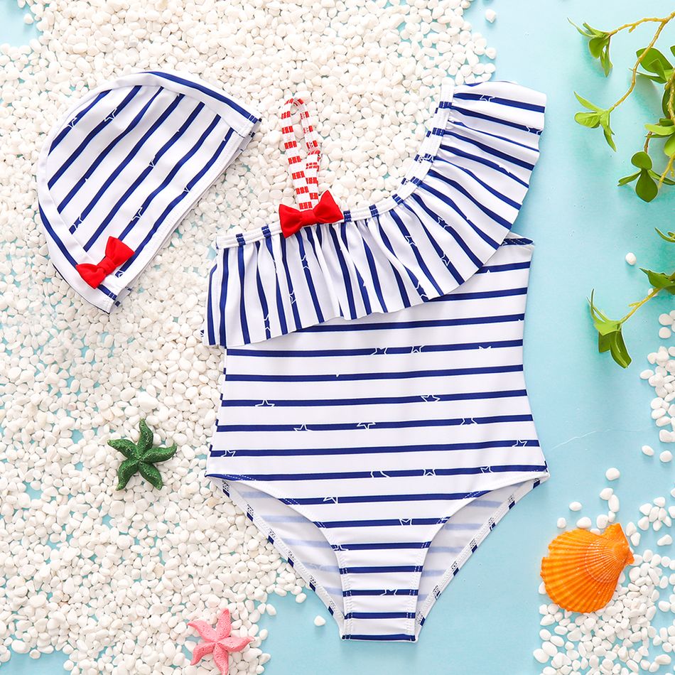 2pcs Toddler Girl Sweet Stripe Flounce Sleeveless Onepiece Swimsuit and Cap Set BLUE WHITE