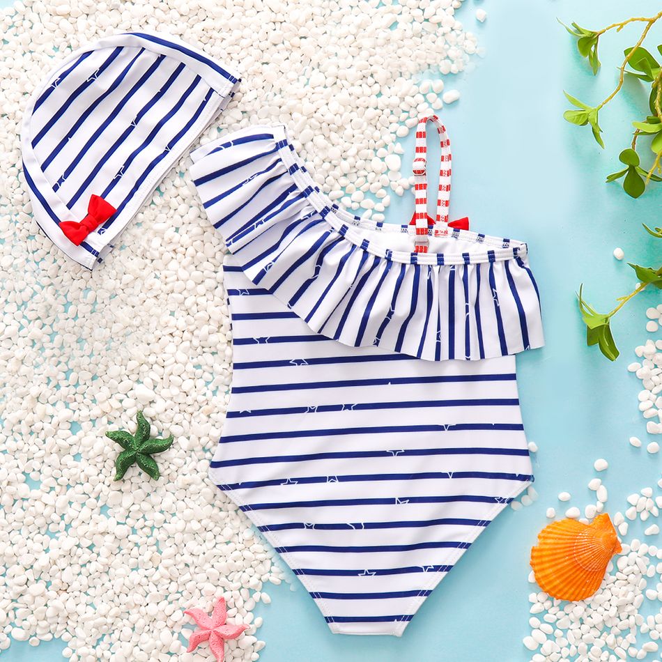 2pcs Toddler Girl Sweet Stripe Flounce Sleeveless Onepiece Swimsuit and Cap Set BLUE WHITE big image 2