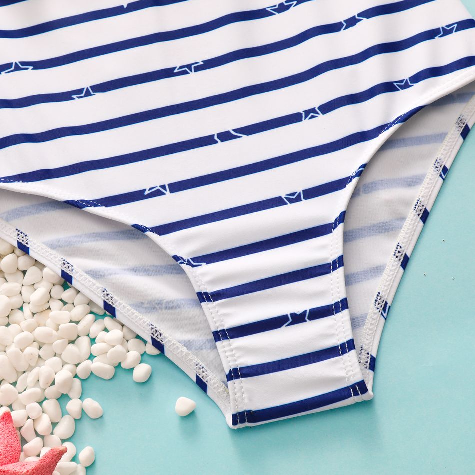 2pcs Toddler Girl Sweet Stripe Flounce Sleeveless Onepiece Swimsuit and Cap Set BLUE WHITE big image 4