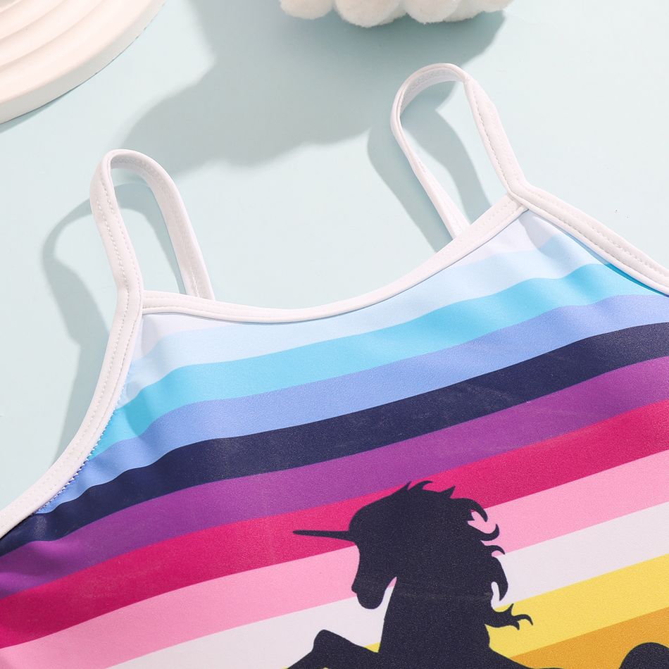 2Pcs Kid Girl Unicorn & Stripe Print Sleeveless Onepiece Swimsuit with Rainbow Polka Dots Print Mesh Cover Up Multi-color big image 2