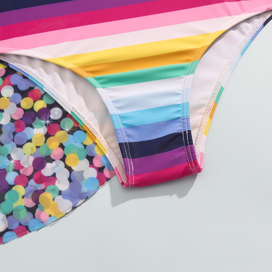 2Pcs Kid Girl Unicorn & Stripe Print Sleeveless Onepiece Swimsuit with Rainbow Polka Dots Print Mesh Cover Up Multi-color big image 4