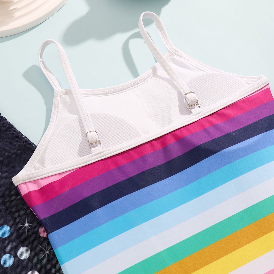 2Pcs Kid Girl Unicorn & Stripe Print Sleeveless Onepiece Swimsuit with Rainbow Polka Dots Print Mesh Cover Up Multi-color big image 3