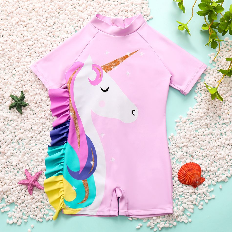 Toddler Girl Playful Ruffled Unicorn Print Onepiece Swimsuit Pink big image 1