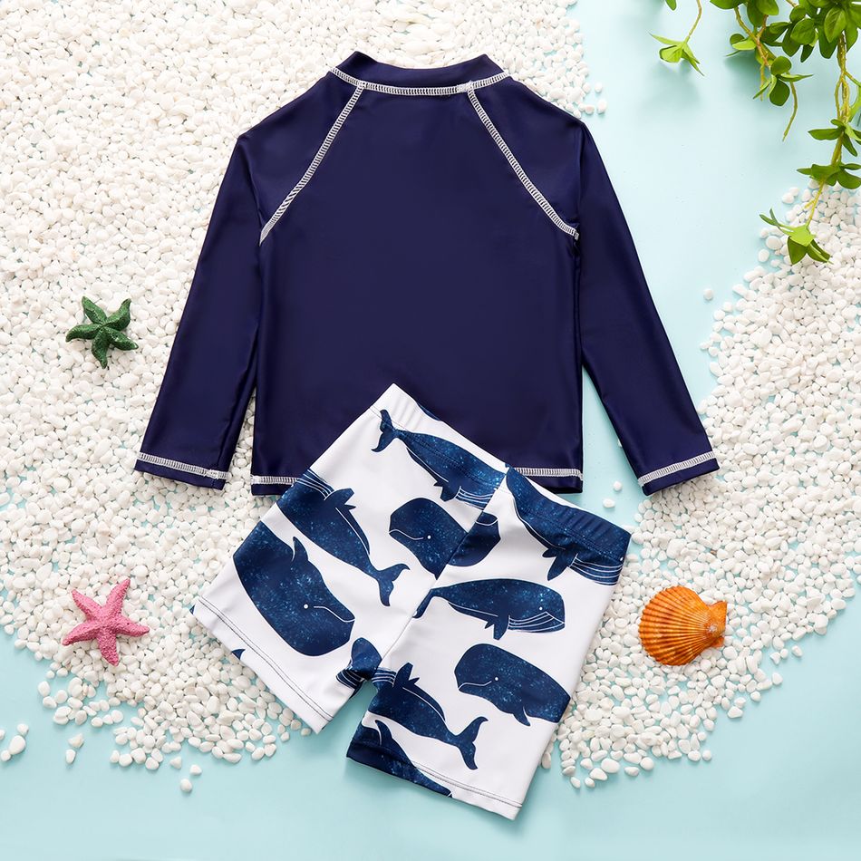 2pcs Toddler Boy Playful Shark Print Swimsuit Dark Blue big image 2