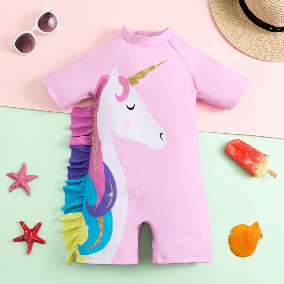 Toddler Girl Playful Ruffled Unicorn Print Onepiece Swimsuit Pink big image 1