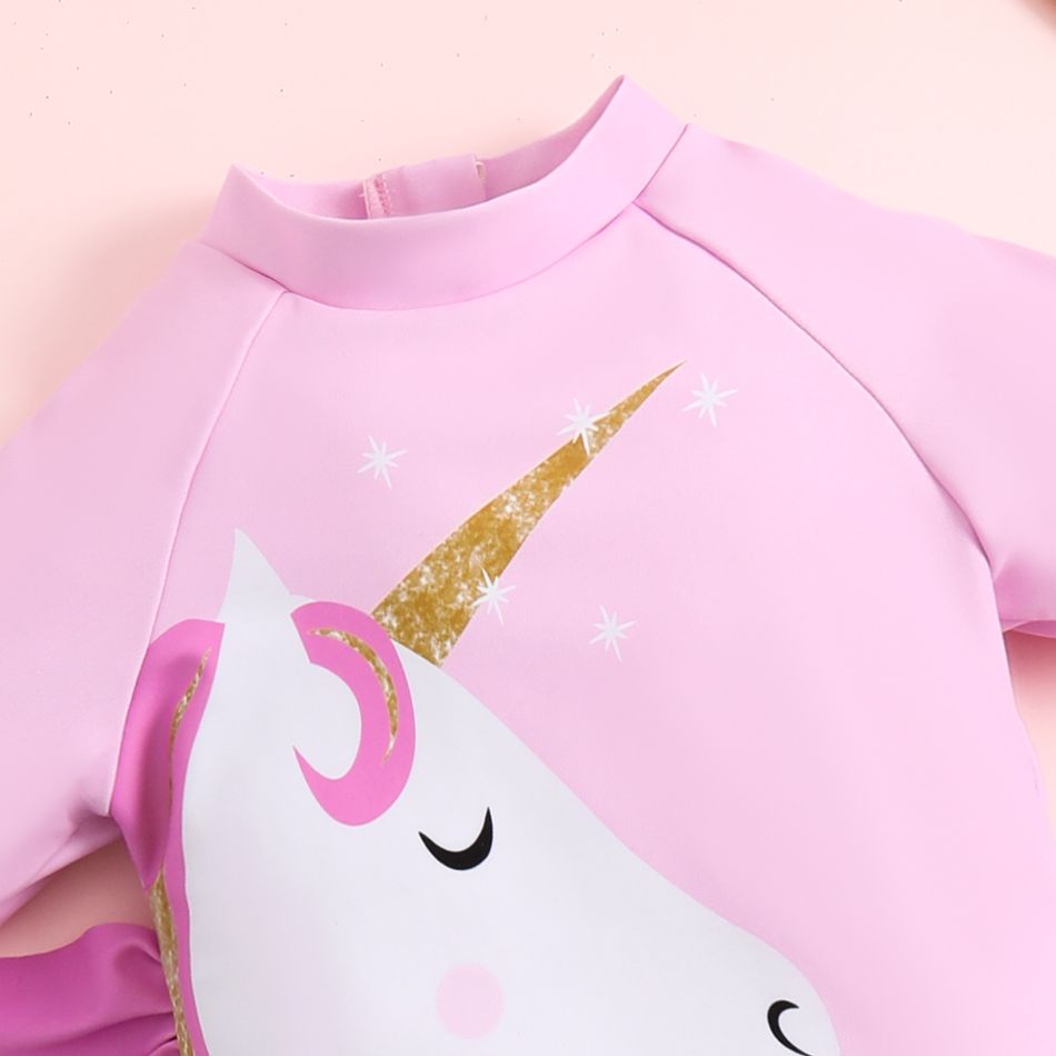 Toddler Girl Playful Ruffled Unicorn Print Onepiece Swimsuit Pink big image 3