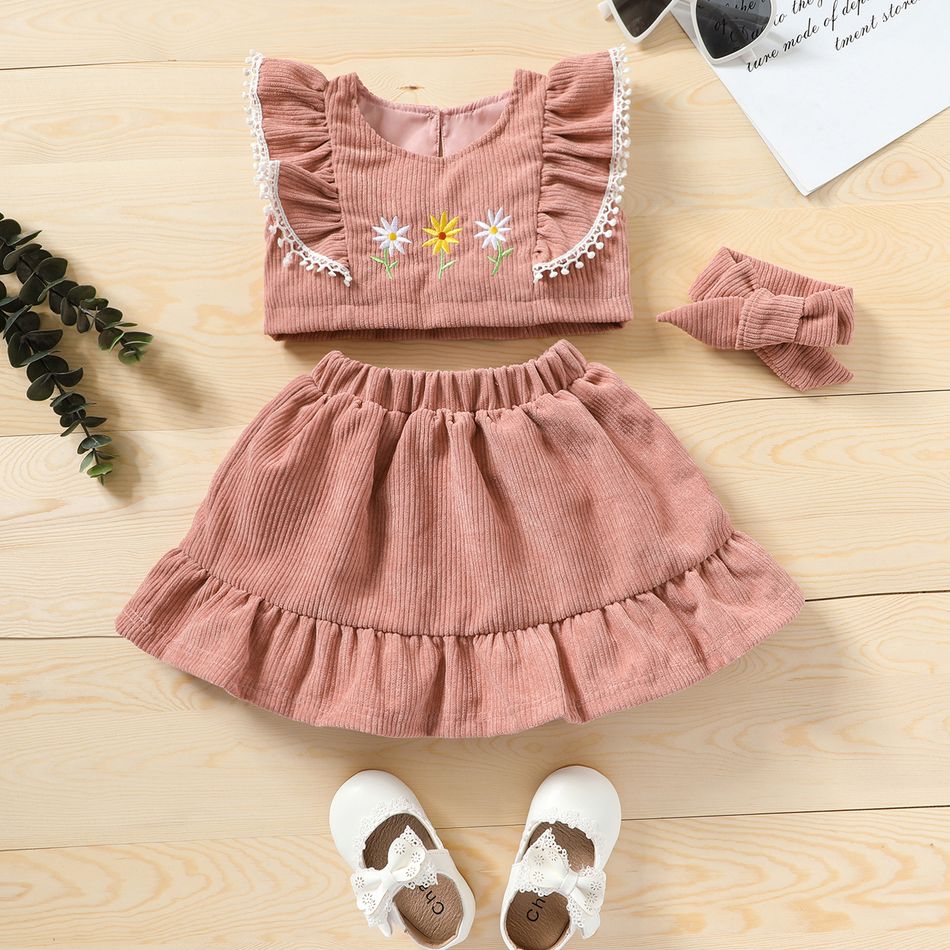 3pcs Floral Embroidered Ribbed Baby Set Pink