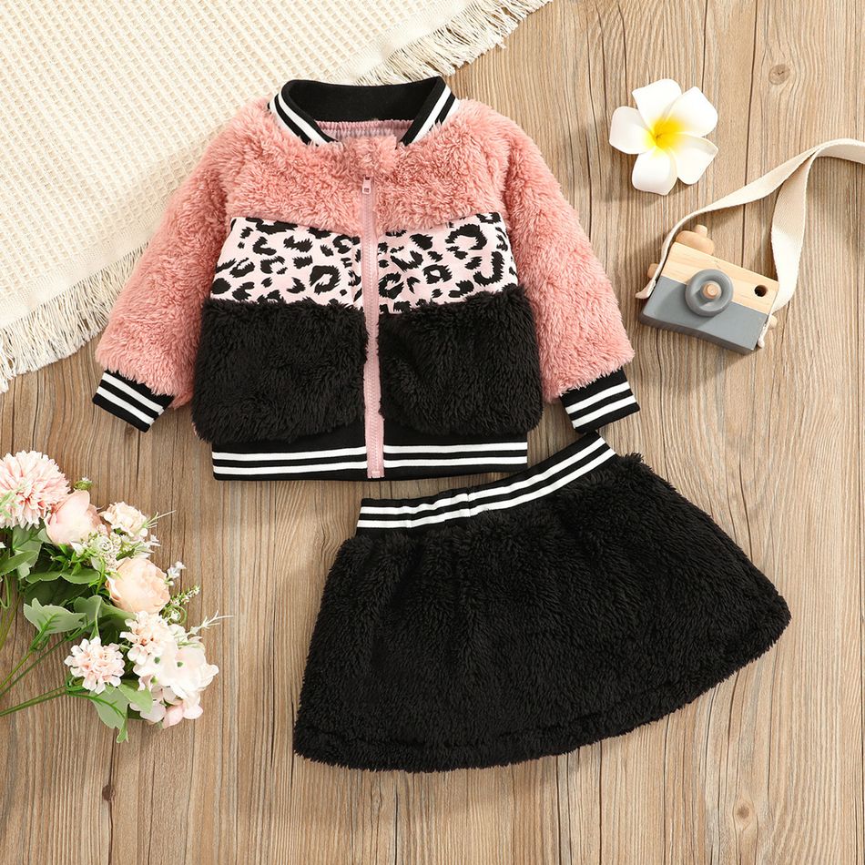 2pcs Baby Leopard Splicing Colorblock Fuzzy Fleece Long-sleeve Jacket and Mini Skirt Set Pink
