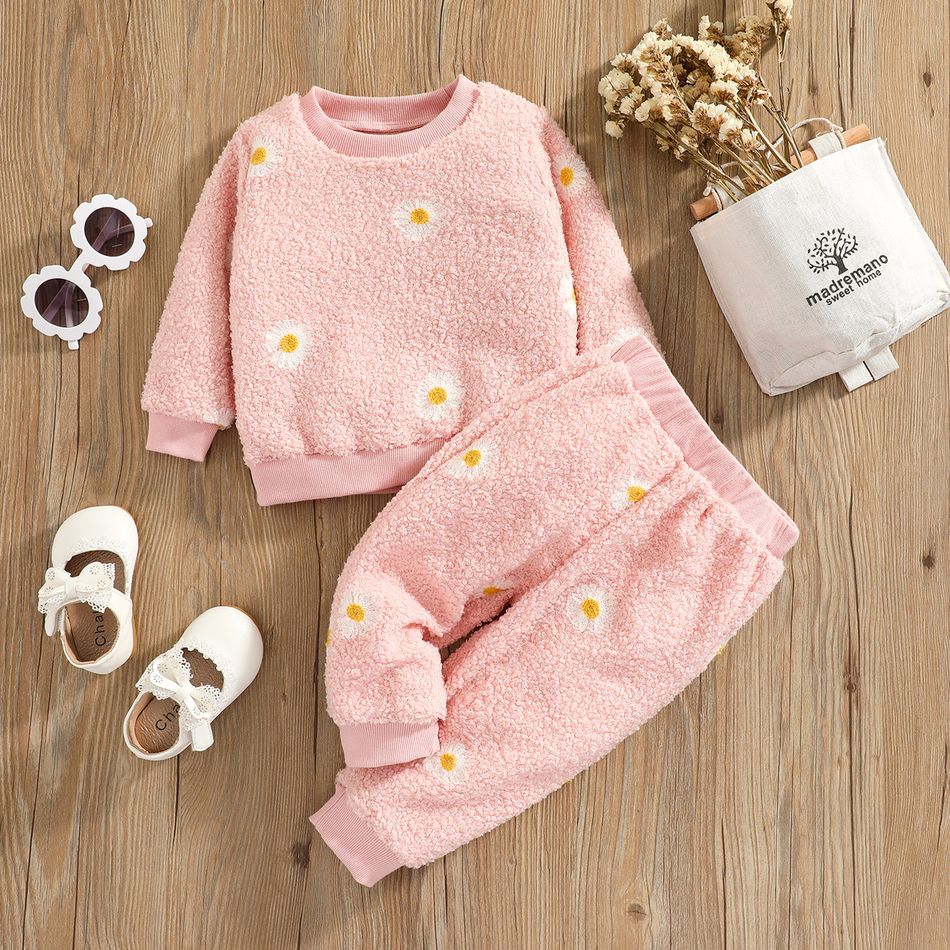 2pcs Baby Daisy Floral Embroidered Pink Fleece Long-sleeve Pullover and Trousers Set Pink
