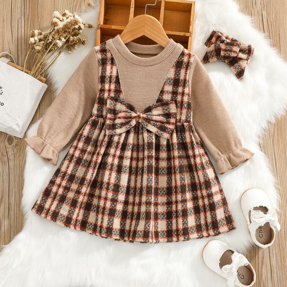 100% Cotton 2pcs Baby Brown Knitted Long-sleeve Splicing Plaid Dress Set Brown
