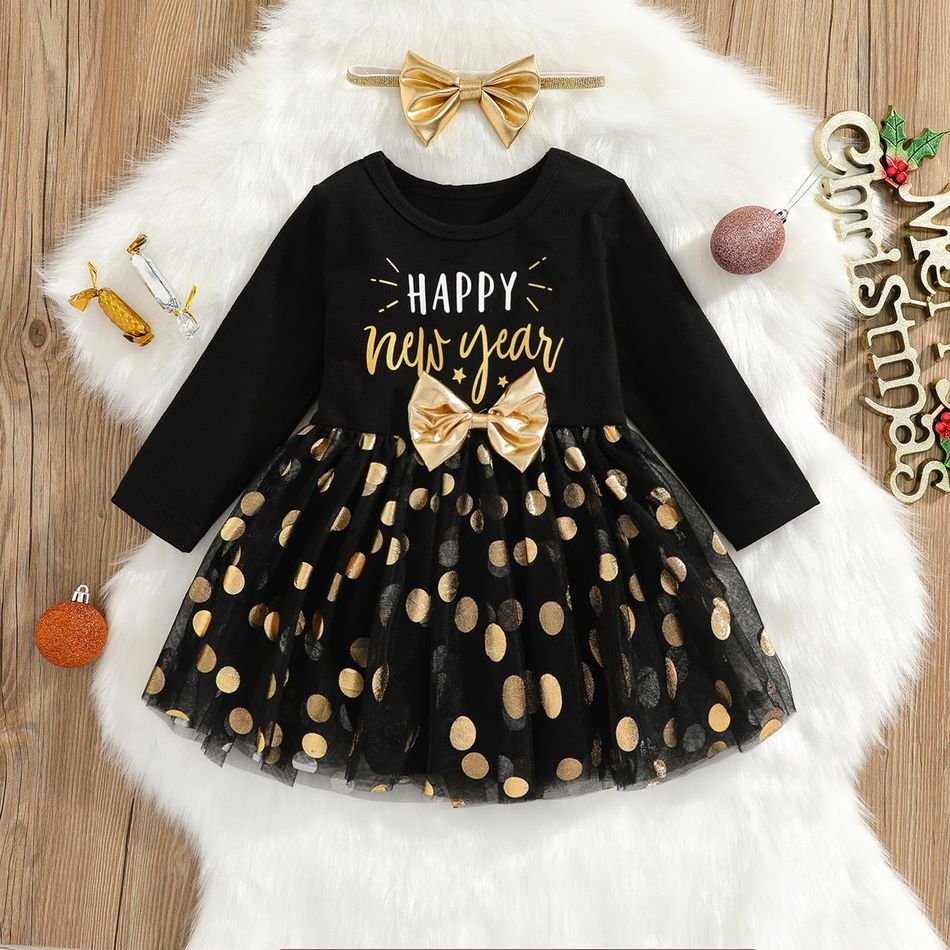 New Year 2pcs Baby Girl Letter Print Black Long-sleeve Splicing Polka Dots Mesh Romper Dress Set Black