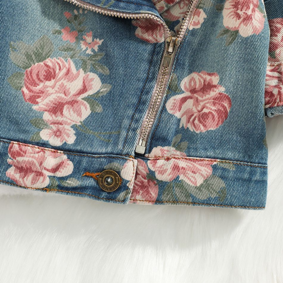 100% Cotton Baby All Over Floral Print Lapel Long-sleeve Zip Denim Jacket Bluish Grey big image 5