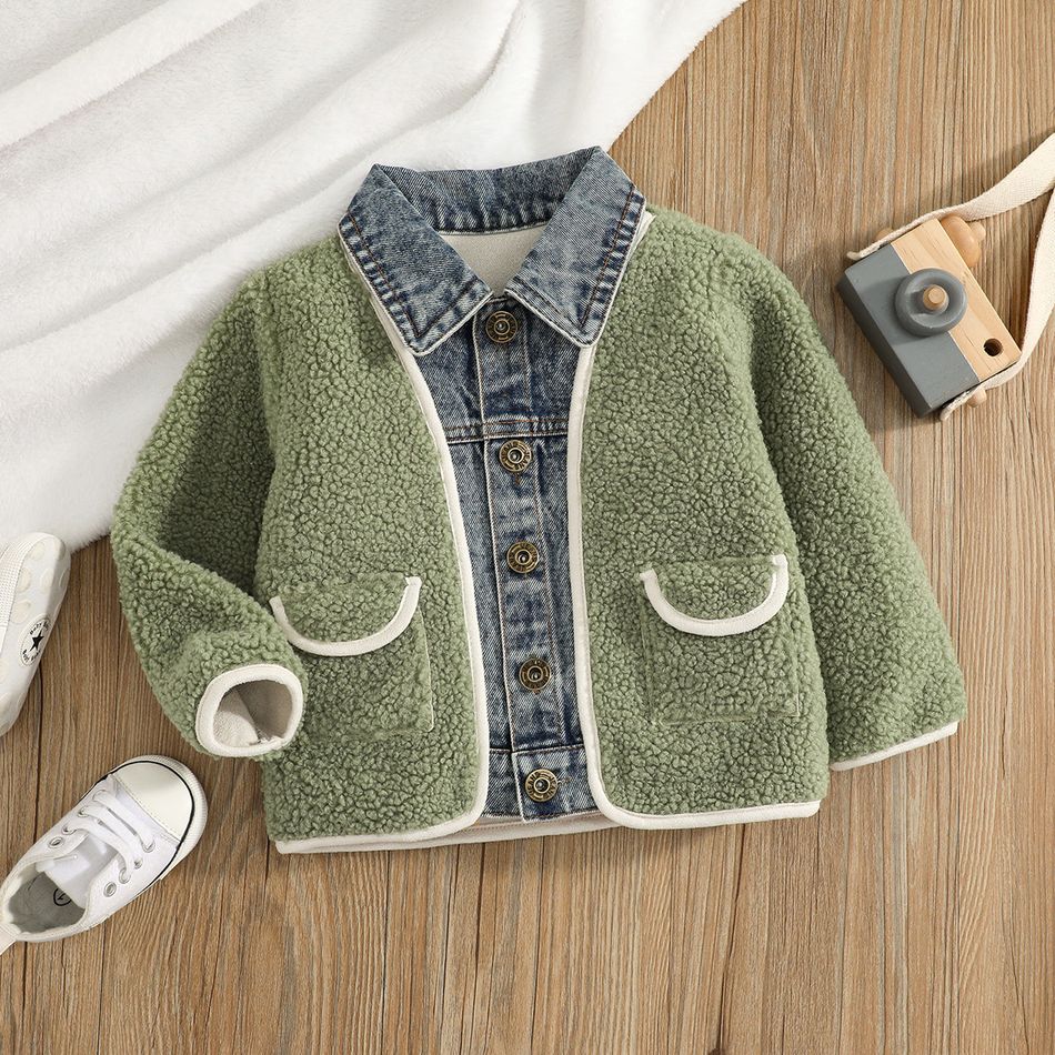 Baby Boy Lapel Collar Button Design Denim Fuzzy Splice Jacket Green