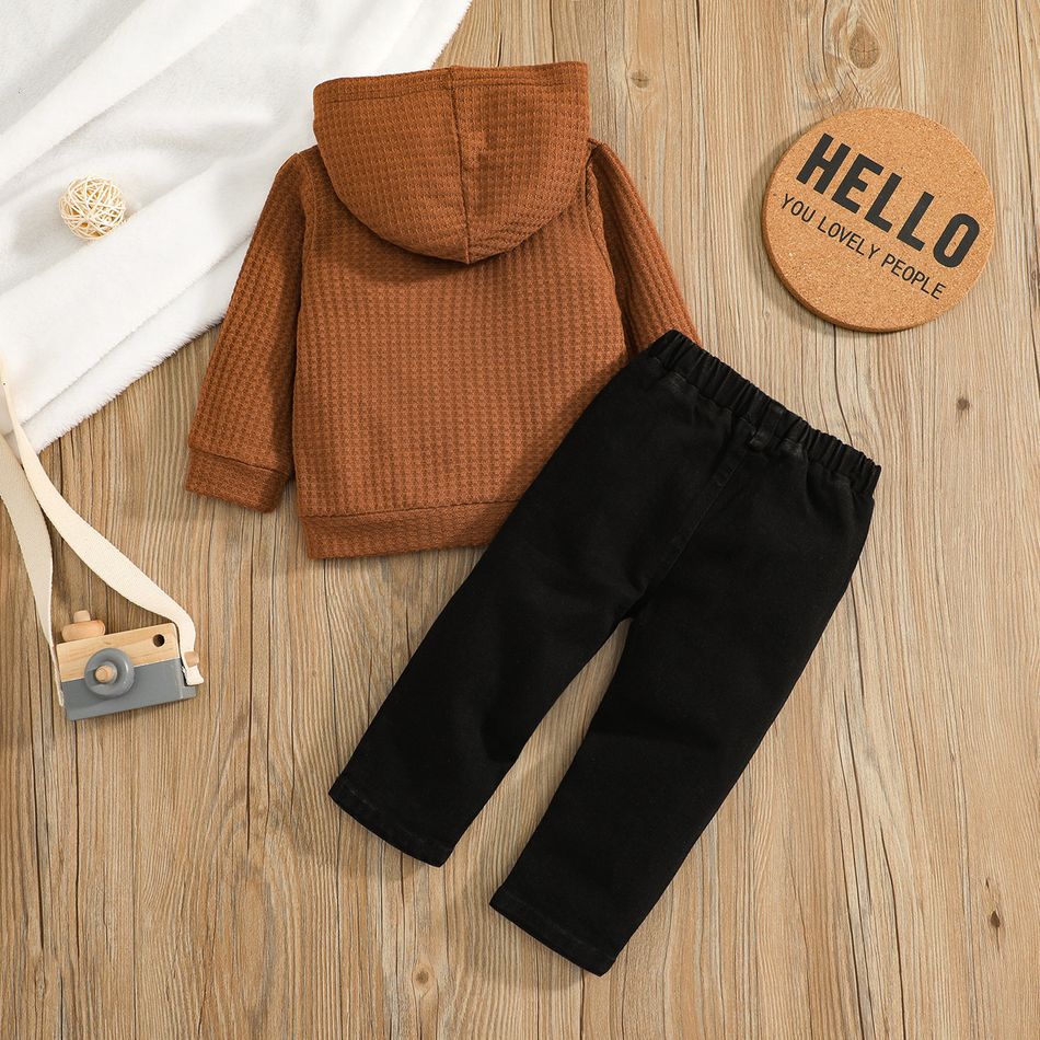 2-piece Baby Boy/Girl Waffle Hoodie Sweatshirt and 100% Cotton Ripped Denim Jeans Set Orange big image 2