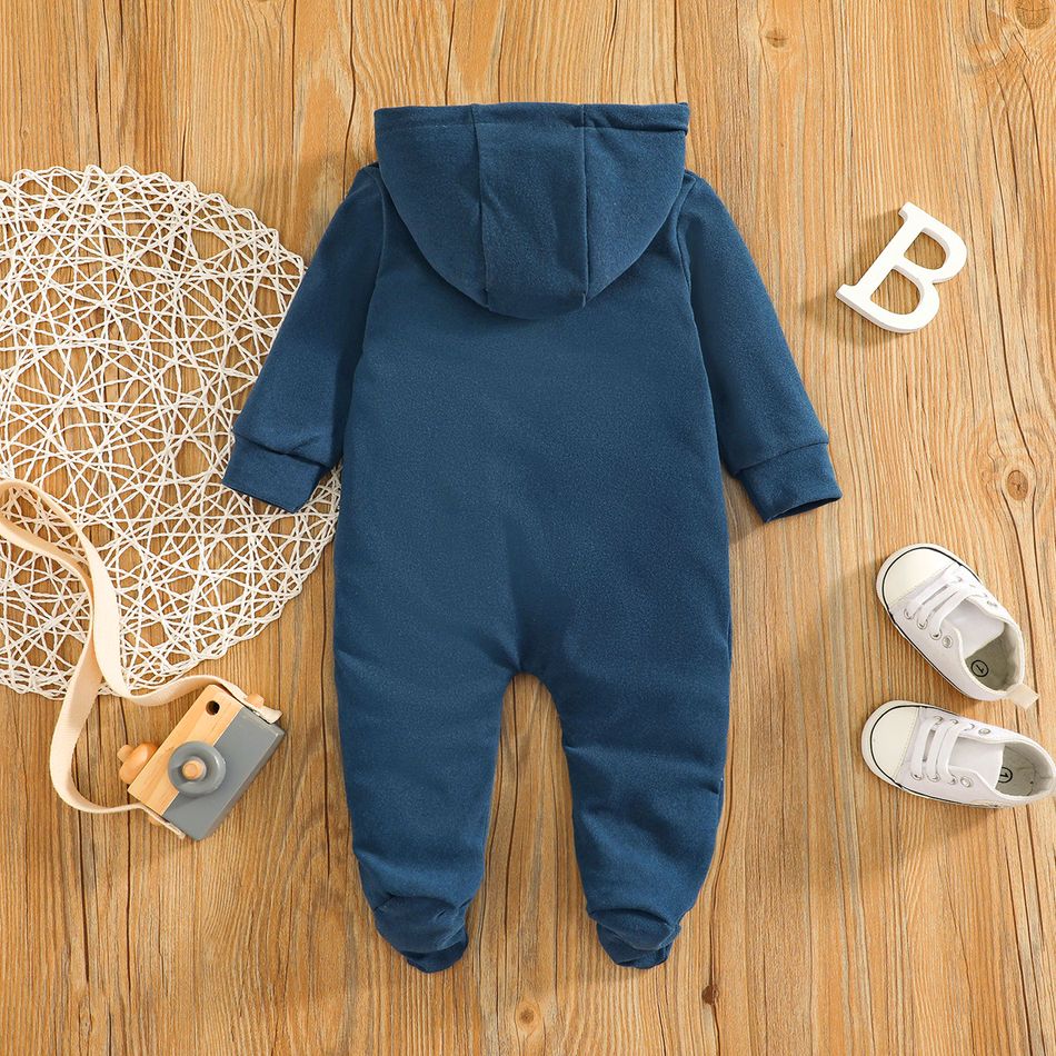 Baby Girl Solid Color Zipper Hooded Long-sleeve Footie Jumpsuit Dark Blue big image 2