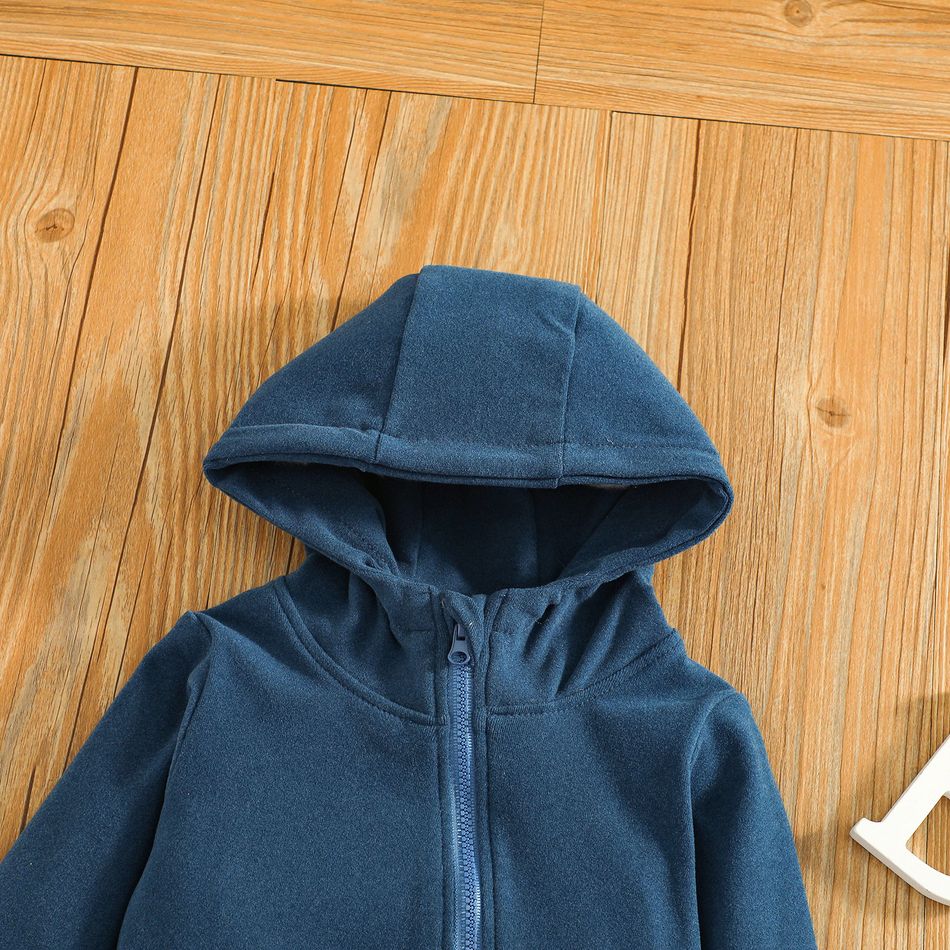 Baby Girl Solid Color Zipper Hooded Long-sleeve Footie Jumpsuit Dark Blue big image 3