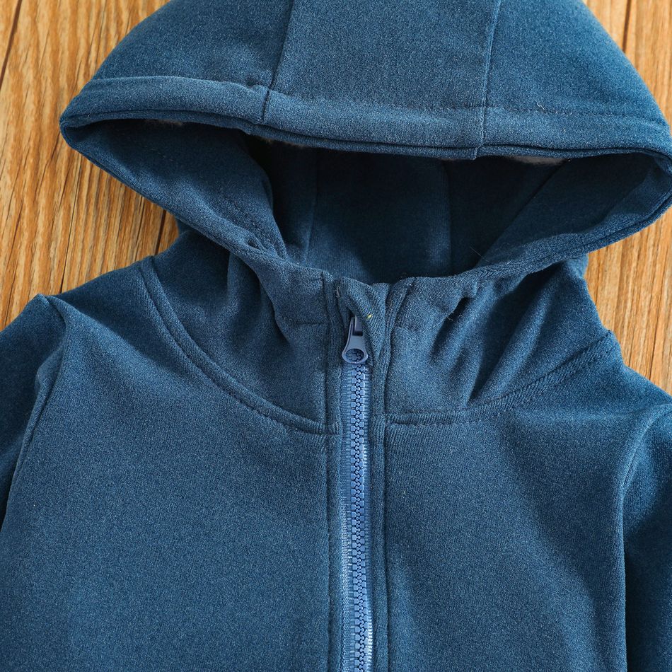 Baby Girl Solid Color Zipper Hooded Long-sleeve Footie Jumpsuit Dark Blue big image 4