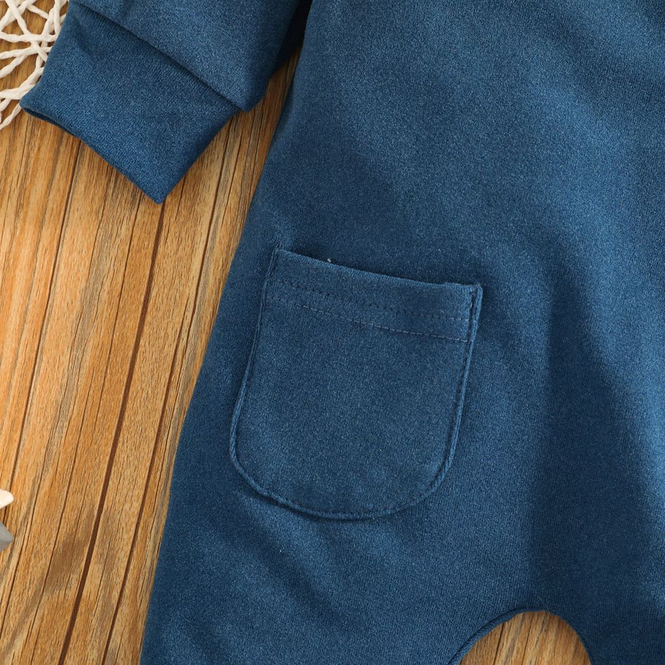 Baby Girl Solid Color Zipper Hooded Long-sleeve Footie Jumpsuit Dark Blue big image 6