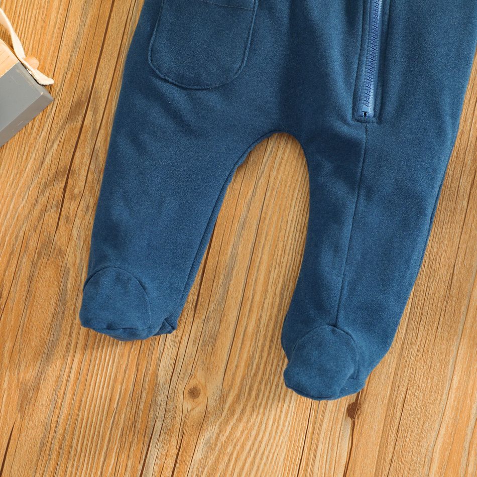 Baby Girl Solid Color Zipper Hooded Long-sleeve Footie Jumpsuit Dark Blue