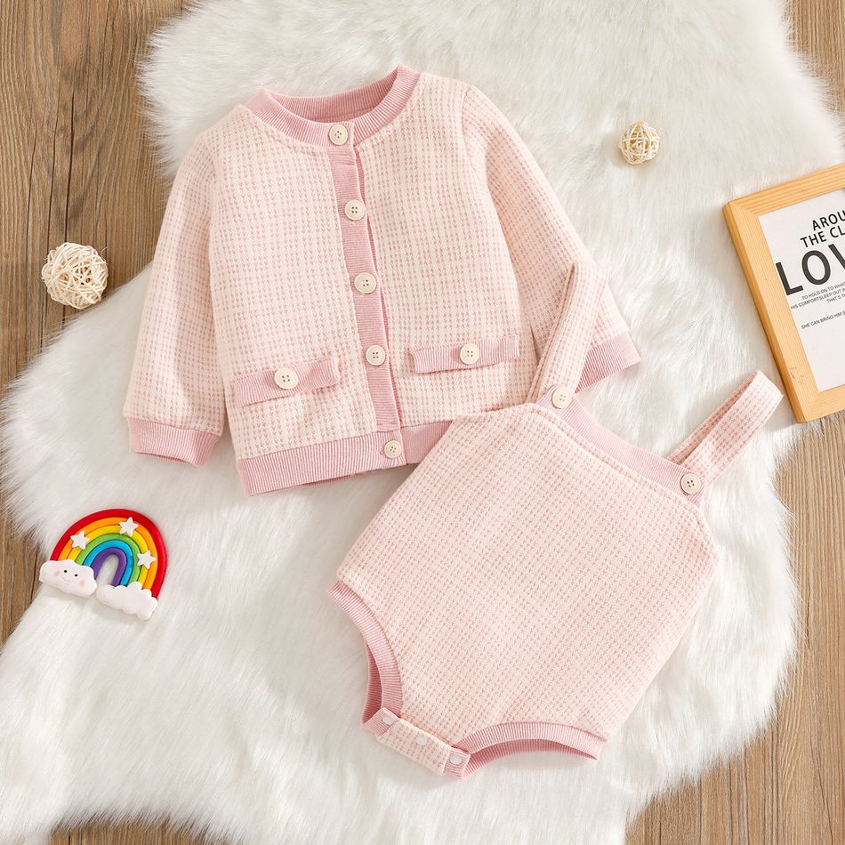 2pcs Baby Girl Pink Cable Knit Button Down Long-sleeve Top and Sleeveless Romper Set Pink