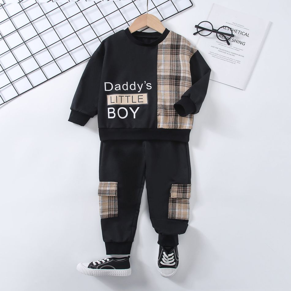 2-piece Toddler Boy Letter Print Plaid Sweatshirt and Pocket Design Pants Set Black