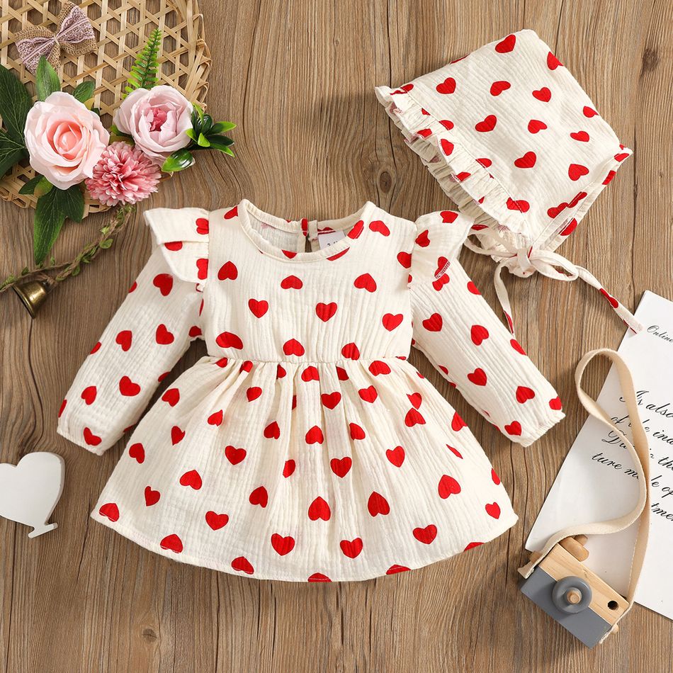 100% Cotton Crepe 2pcs Baby Girl All Over Red Love Heart Print Long-sleeve Romper Dress with Hat Set White