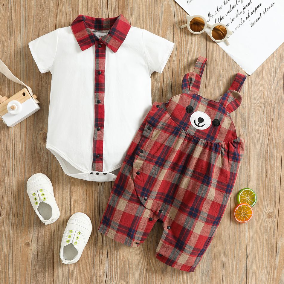 100% Cotton 2pcs Baby Boy/Girl Short-sleeve Romper and Cartoon Plaid Overalls Set Red
