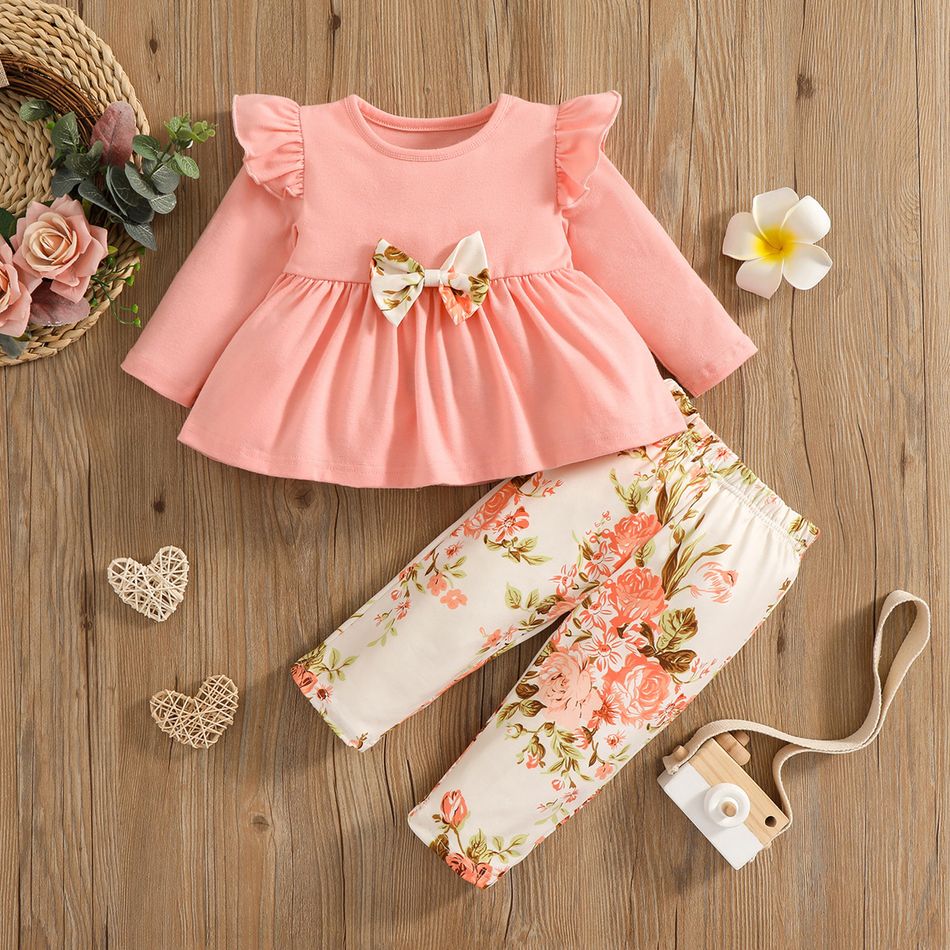 2pcs Baby 95% Cotton Ruffle Long-sleeve Bowknot Top and All Over Leaves Print Trousers Set