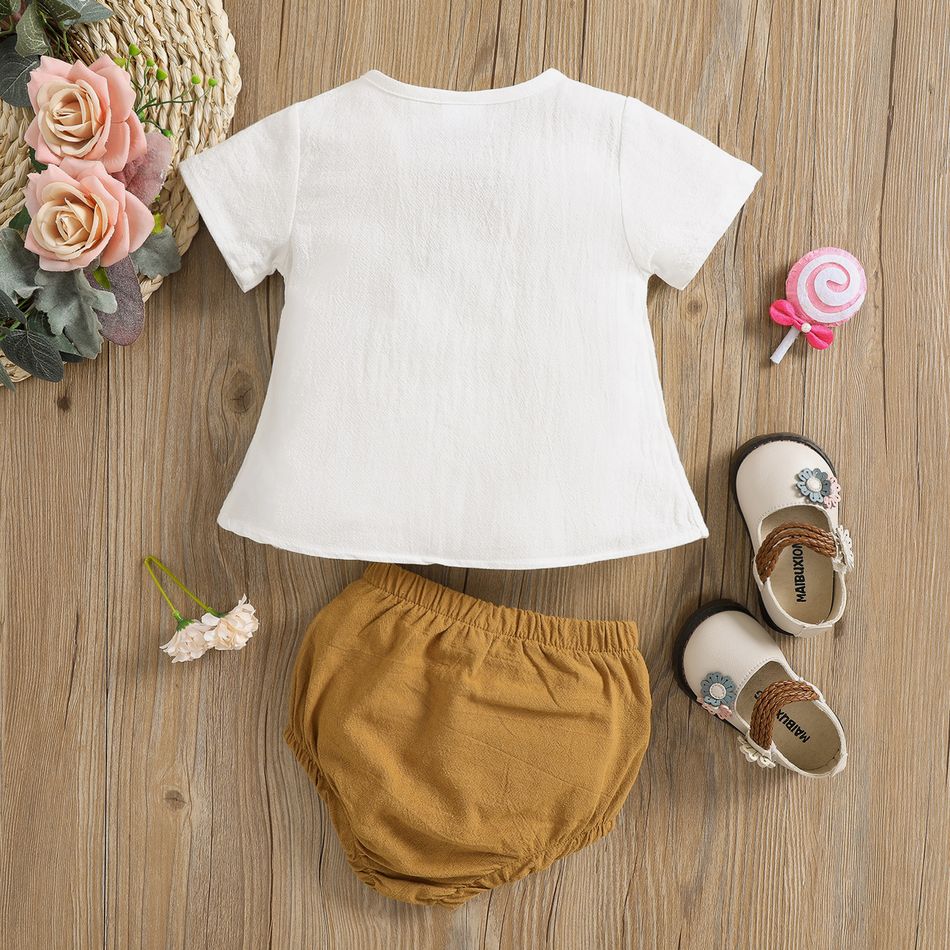 100% Cotton 2pcs Baby Girl Button Design Solid Short-sleeve Top and Shorts Set Khaki big image 2