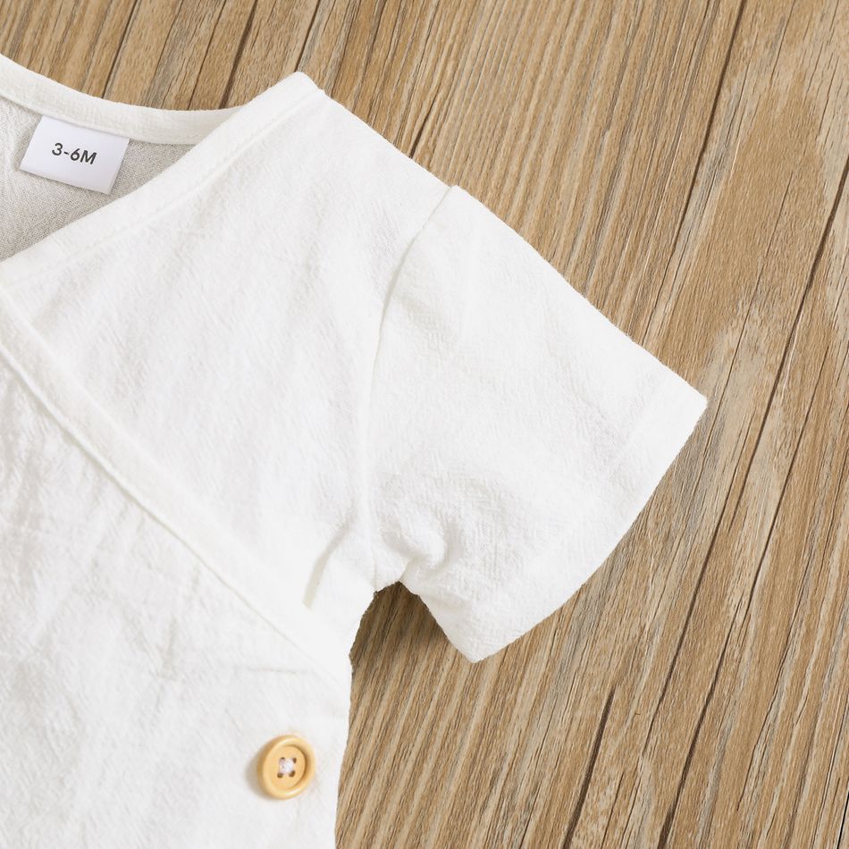 100% Cotton 2pcs Baby Girl Button Design Solid Short-sleeve Top and Shorts Set Khaki big image 4