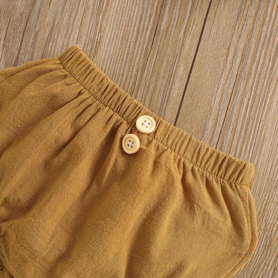 100% Cotton 2pcs Baby Girl Button Design Solid Short-sleeve Top and Shorts Set Khaki big image 6