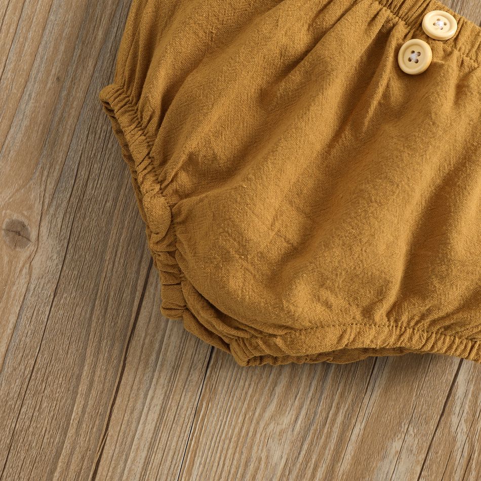100% Cotton 2pcs Baby Girl Button Design Solid Short-sleeve Top and Shorts Set Khaki big image 7