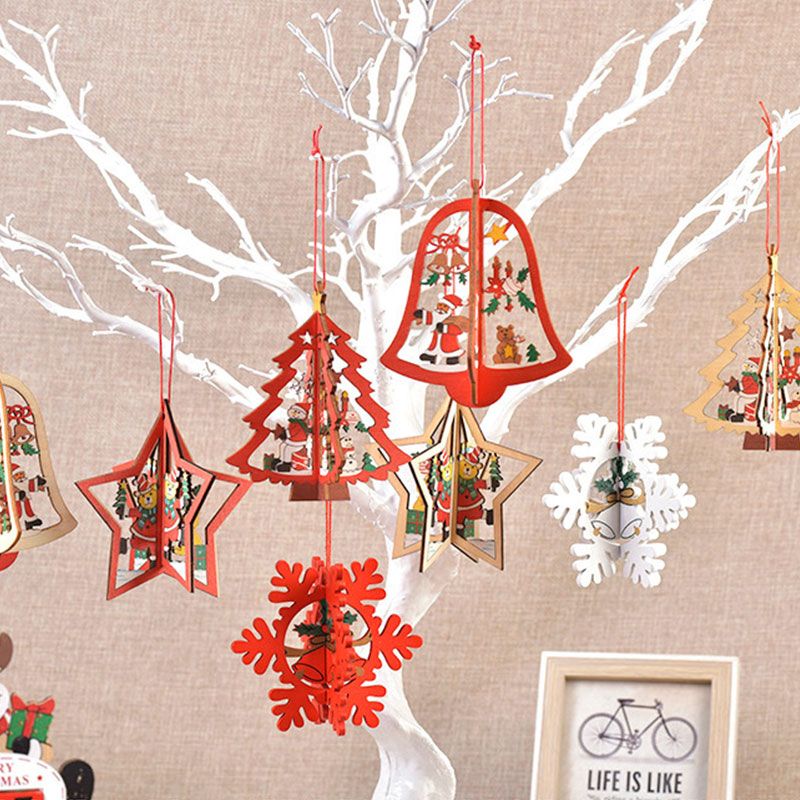 4Pcs Christmas Wooden Hollow Pendant Snowflake Bell Stars Pendant Xmas Tree Decoration Color-A big image 2