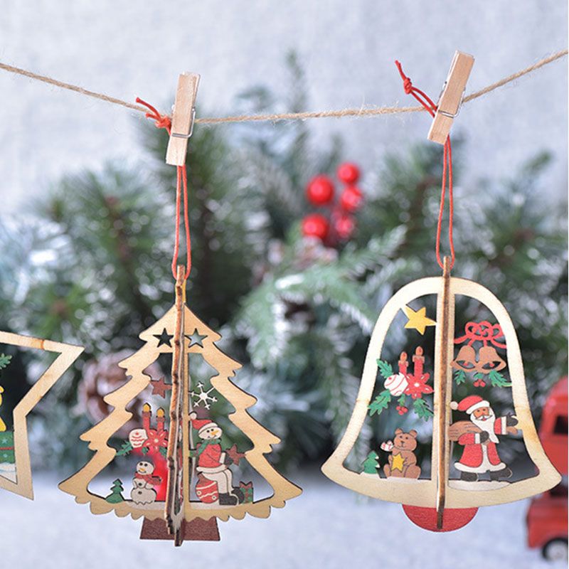 4Pcs Christmas Wooden Hollow Pendant Snowflake Bell Stars Pendant Xmas Tree Decoration Color-A big image 4
