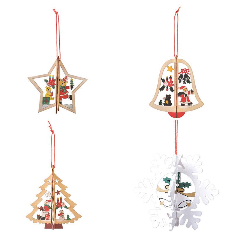4Pcs Christmas Wooden Hollow Pendant Snowflake Bell Stars Pendant Xmas Tree Decoration Color-A big image 1