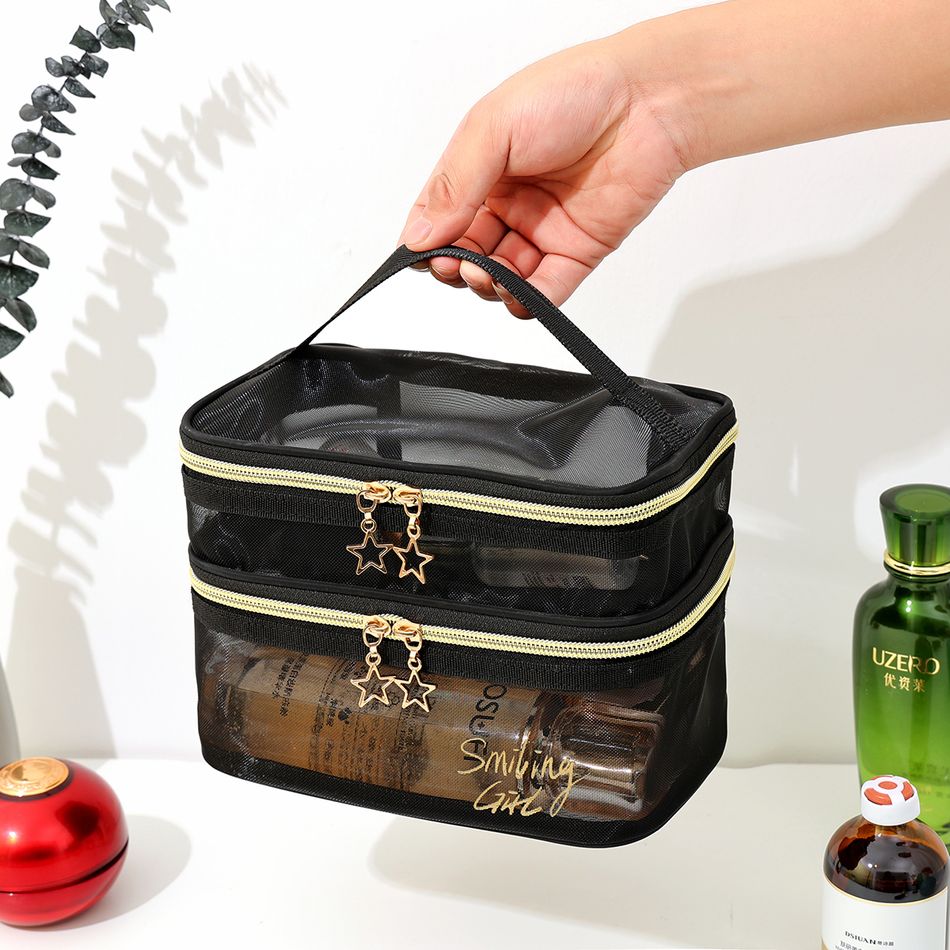 Double Layer Travel Makeup Bag Letter Graphic Portable Large Capacity Mesh Cosmetic Bag Black big image 4